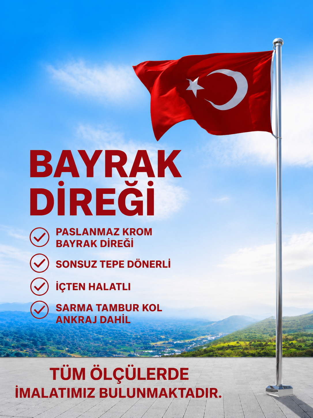 15 Metre İçten Halatlı Bayrak Direği